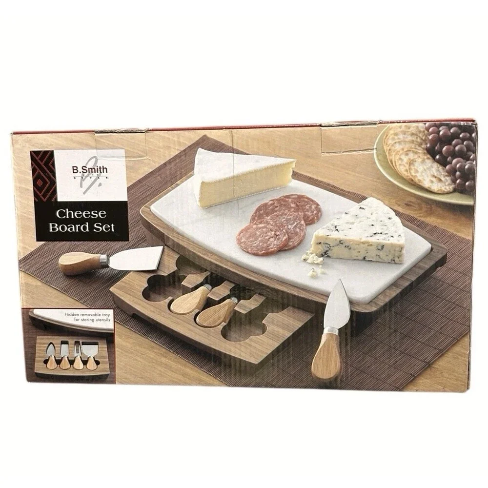 B. SMITH Bamboo & Marble Cheese Board Set w/ Utensils Hidden Storage Tray